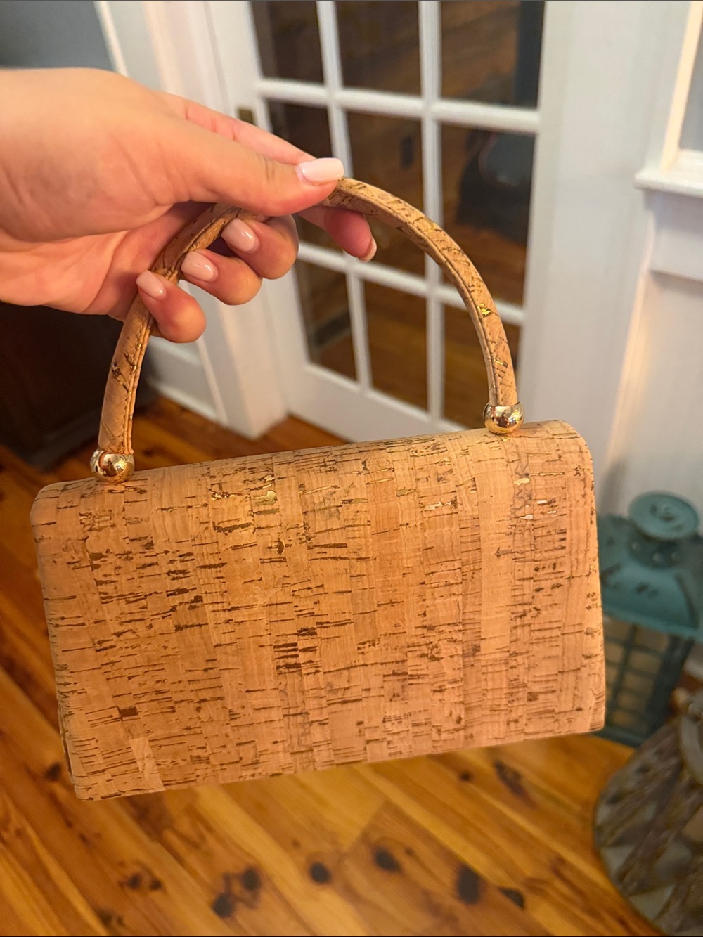 Structured Cork Top-Handle Bag in Natural Gold - Picture 3 of 5